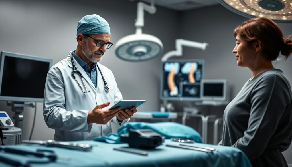 A clinical medical setting illustrating surgical options for treating sciatica. In the foreground, a confident surgeon in professional attire examines a patient's spine on a digital tablet, showcasing diagrams of surgical techniques. The patient, wearing modest clothing, looks attentive and engaged. In the middle ground, surgical tools and equipment are arranged neatly on a table, emphasizing the seriousness of the procedure. The background features an operating room with soft, diffused lighting, highlighting the sterile environment. The atmosphere conveys a mix of professionalism and hope, capturing the importance of timely intervention for sciatica treatment. The scene should evoke a sense of trust and care in medical practices aimed at alleviating pain and restoring mobility.
