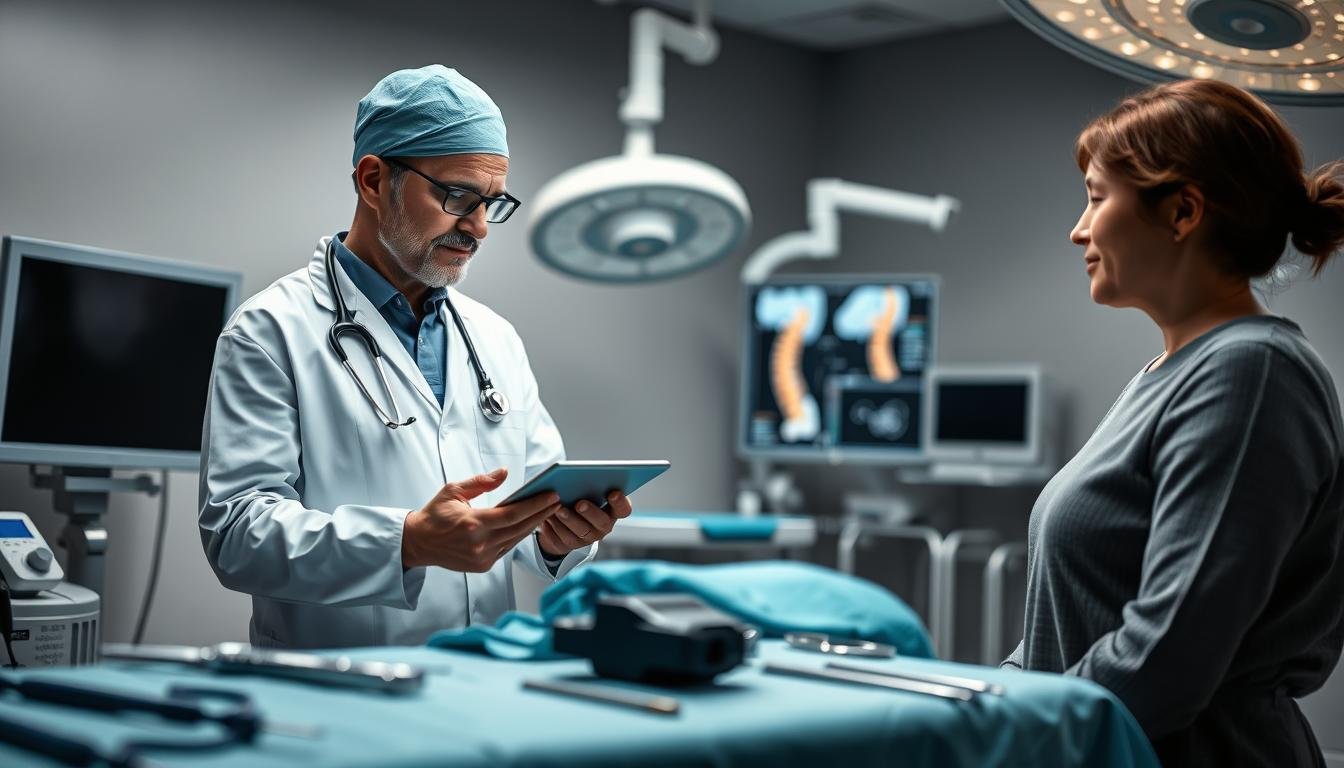 A clinical medical setting illustrating surgical options for treating sciatica. In the foreground, a confident surgeon in professional attire examines a patient's spine on a digital tablet, showcasing diagrams of surgical techniques. The patient, wearing modest clothing, looks attentive and engaged. In the middle ground, surgical tools and equipment are arranged neatly on a table, emphasizing the seriousness of the procedure. The background features an operating room with soft, diffused lighting, highlighting the sterile environment. The atmosphere conveys a mix of professionalism and hope, capturing the importance of timely intervention for sciatica treatment. The scene should evoke a sense of trust and care in medical practices aimed at alleviating pain and restoring mobility.