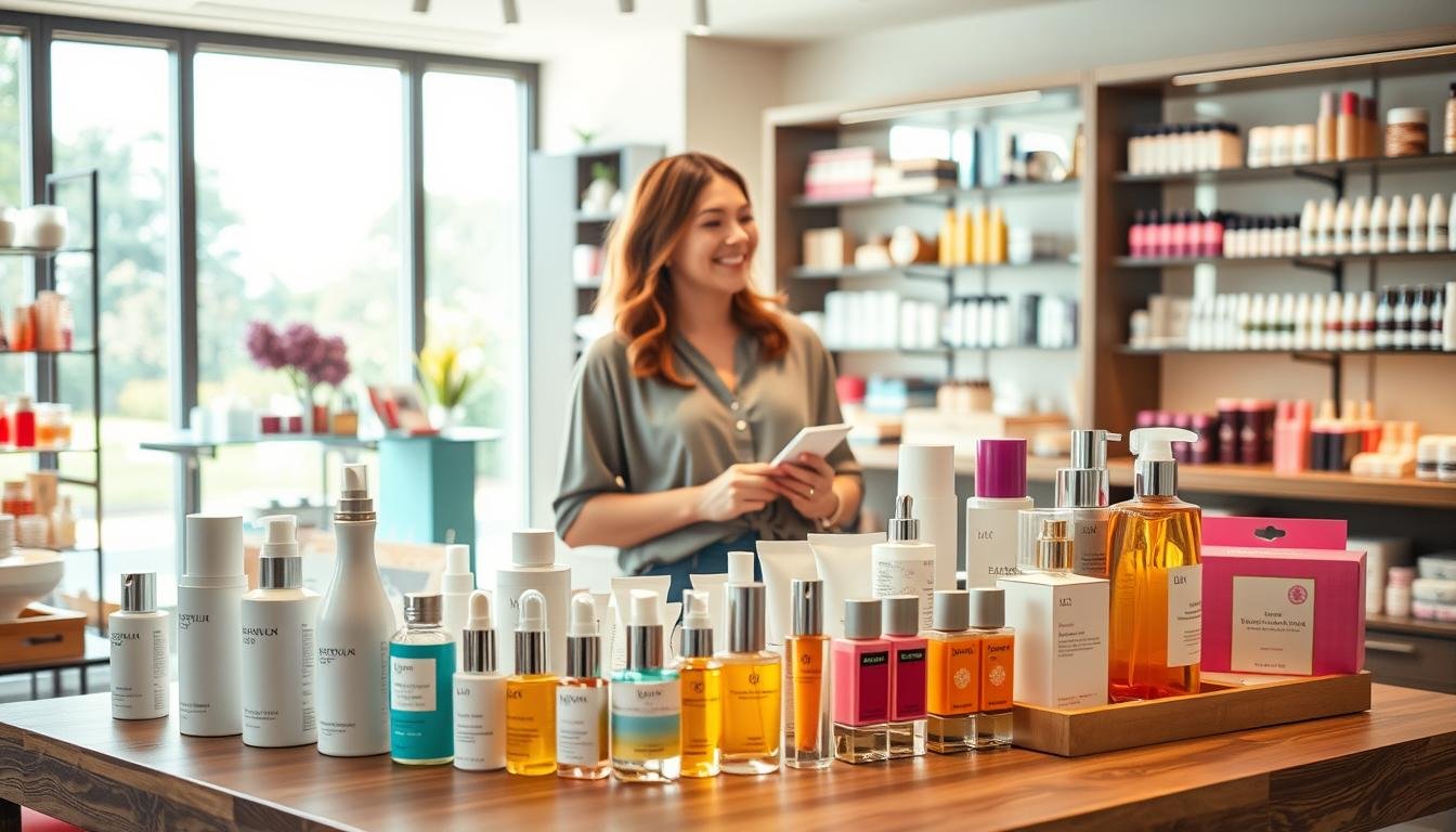 A vibrant and inviting scene depicting a well-organized American beauty product showcase. In the foreground, a neatly arranged display of popular skincare and fragrance products, including sleek bottles and colorful packaging, arranged on a stylish wooden table. The middle ground features a friendly, professional woman in modest casual clothing, engaging with a customer, showcasing her knowledge about the products. In the background, a softly lit beauty boutique with shelves filled with more beauty items and large windows allowing natural sunlight to bathe the environment. The mood is warm and welcoming, emphasizing a sense of trust and expert recommendation. The image should convey a premium shopping experience, with attention to detail in the textures and colors of the beauty products.