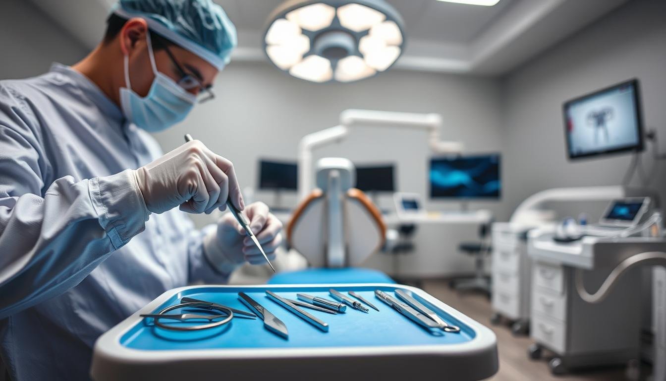 A dental clinic’s sterile preparation room, focused on the meticulous setup for wisdom tooth extraction. In the foreground, a dental surgeon in professional attire is assembling tools such as forceps, scalpel, and suction device on a pristine blue surgical tray. The middle ground showcases a modern dental chair with a bright overhead light, softly illuminating the area. The background is a subtle blur of medical equipment and monitors, enhancing the clinical atmosphere. The lighting is bright and clinical, emphasizing cleanliness and precision. The mood conveys professionalism and cautious preparation, instilling a sense of trust for patients facing the procedure. No people are shown in stress or pain; instead, the focus is on the organized tools and the care involved in the surgical process.