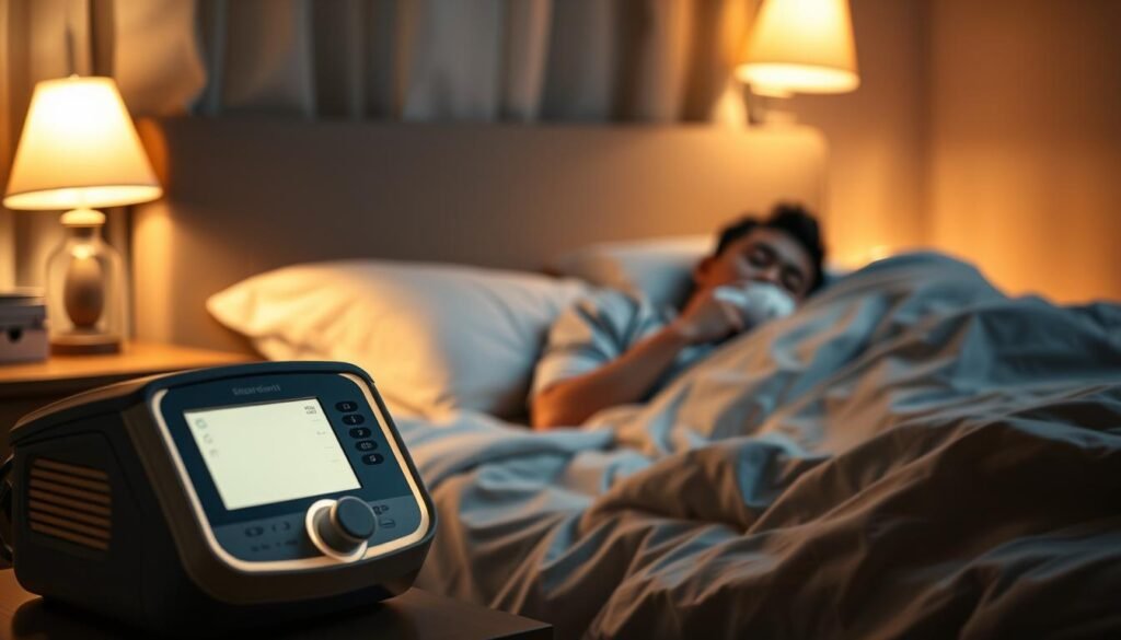 A cozy bedroom setting at night, featuring a patient comfortably sleeping with a sleep apnea machine beside their bed. The foreground showcases the sleep machine, with a soft glow from its display illuminating the room. In the middle, a calm and serene figure, a middle-aged Asian male in modest sleepwear, lies peacefully. The background displays a soft-focus, warm ambiance with light dimmed lamps and gentle shadows, suggesting tranquility. The atmosphere reflects a sense of comfort and reassurance, hinting at common issues faced during sleep therapy, such as mask discomfort or adjustment difficulties. The room is well-organized and intimate, creating a supportive environment for restful sleep. A cozy bedroom setting at night, featuring a patient comfortably sleeping with a sleep apnea machine beside their bed. The foreground showcases the sleep machine, with a soft glow from its display illuminating the room. In the middle, a calm and serene figure, a middle-aged Asian male in modest sleepwear, lies peacefully. The background displays a soft-focus, warm ambiance with light dimmed lamps and gentle shadows, suggesting tranquility. The atmosphere reflects a sense of comfort and reassurance, hinting at common issues faced during sleep therapy, such as mask discomfort or adjustment difficulties. The room is well-organized and intimate, creating a supportive environment for restful sleep.