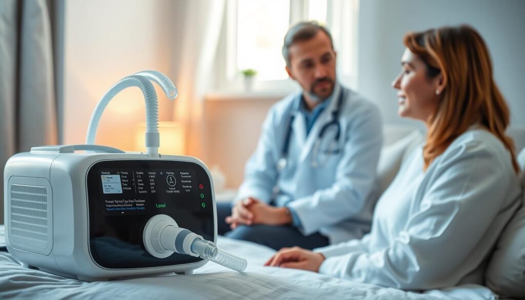 A modern sleep apnea machine specifically designed for kidney disease patients, displayed prominently in the foreground. The device features a sleek, user-friendly interface with comfortable tubing and an advanced filtration system. In the middle ground, a caring healthcare professional, dressed in a lab coat, is explaining the device's functions to a concerned patient, who is seated and attentively listening. The background shows a softly lit bedroom setting with calming colors, creating a tranquil atmosphere for sleep. Natural light from a window provides a warm glow, highlighting the importance of restful sleep for kidney patients. The overall mood reflects hope and reassurance, emphasizing the significance of choosing the right equipment for improving sleep quality. A modern sleep apnea machine specifically designed for kidney disease patients, displayed prominently in the foreground. The device features a sleek, user-friendly interface with comfortable tubing and an advanced filtration system. In the middle ground, a caring healthcare professional, dressed in a lab coat, is explaining the device's functions to a concerned patient, who is seated and attentively listening. The background shows a softly lit bedroom setting with calming colors, creating a tranquil atmosphere for sleep. Natural light from a window provides a warm glow, highlighting the importance of restful sleep for kidney patients. The overall mood reflects hope and reassurance, emphasizing the significance of choosing the right equipment for improving sleep quality.