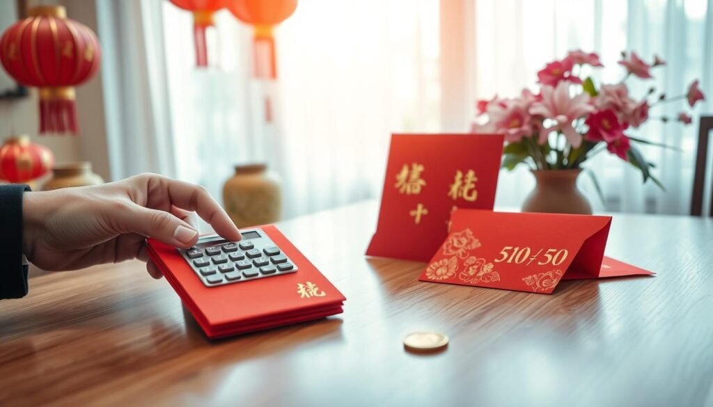 A professional setting showcasing an elegantly decorated red envelope, symbolizing the concept of monetary gifts, prominently displayed on a polished wooden table. In the foreground, a hand gently holds a calculator, calculating appropriate amounts, surrounded by traditional Chinese elements like lanterns and gold coins. In the middle ground, several red envelopes are styled with various designs and amounts carefully marked in gold ink, illustrating how to assess the reasonableness of these monetary gifts. In the background, a soft-focus scene of a light-filled room with flowering plants creates a warm and festive atmosphere. The image should be bright and inviting, with soft lighting that enhances the richness of the red and gold colors, conveying a sense of tradition and care in gift-giving.